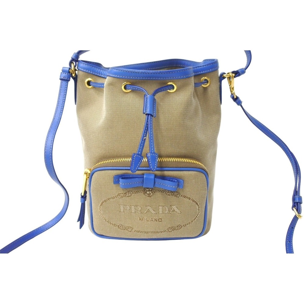 Prada shoulder bag handbag drawstring jacquard Beige Tan blue - Picture 3 of 8